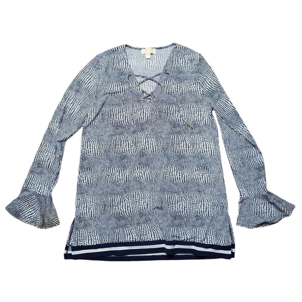 Michael Kors Women's Tunic Top Size Medium Drawstring Blue Print L/S Flared Cuff
